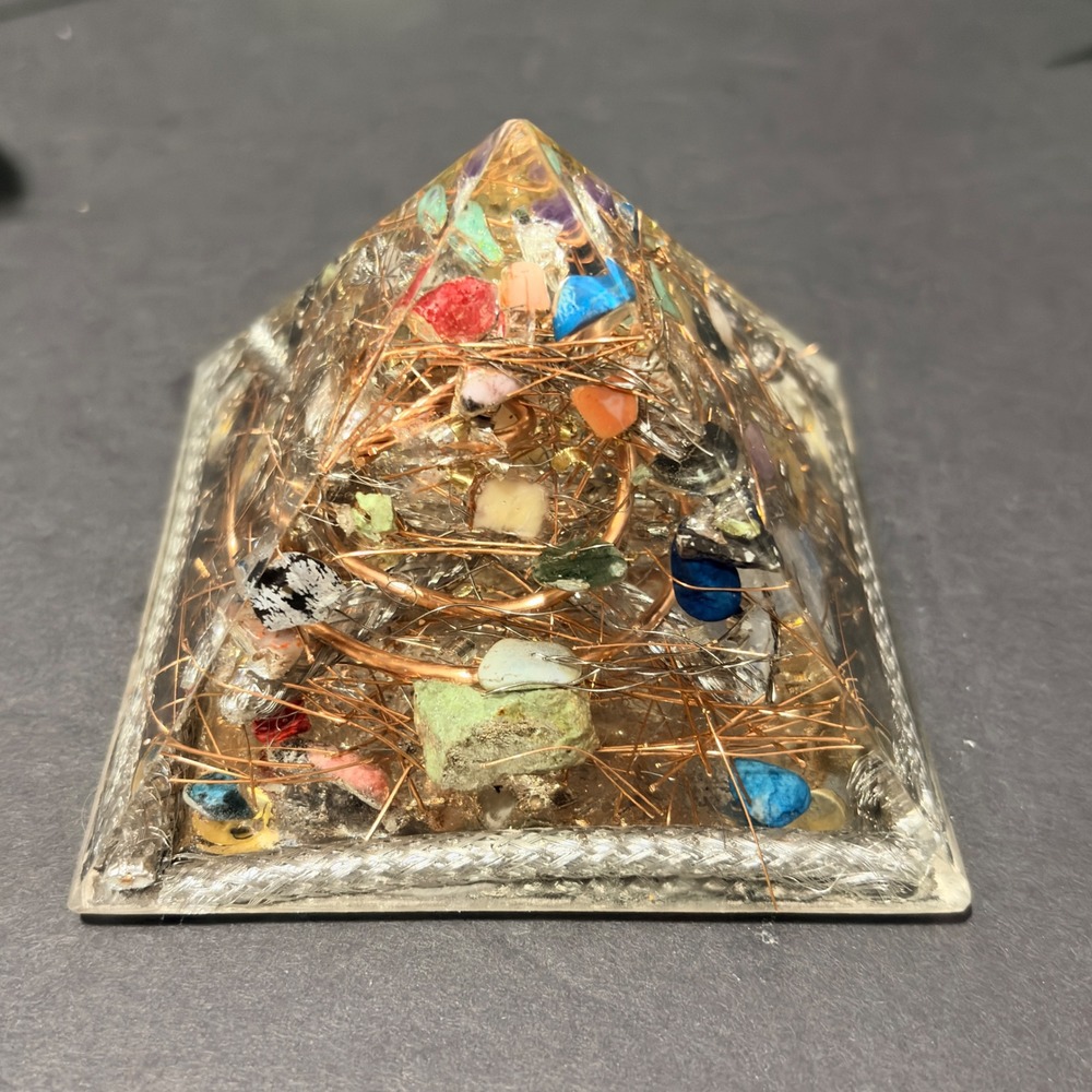 Handcrafted Orgone Energy Pyramid Multi Gemstone Copper Coil Resin 3in Base